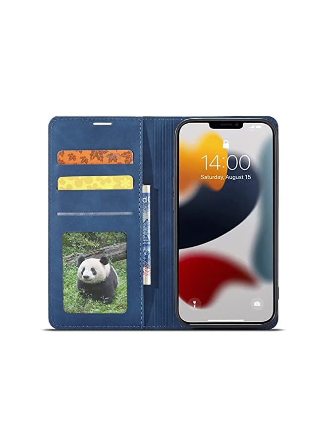 YoYoTech Luxury Genuine Leather Flip Wallet Case Compatible with iPhone 13 Pro Max, 3 Card Holder Slot Magnetic Flip Kickstand Wallet Case for iPhone 13 Pro Max 6.7 '2021 -Blue  - Image 2
