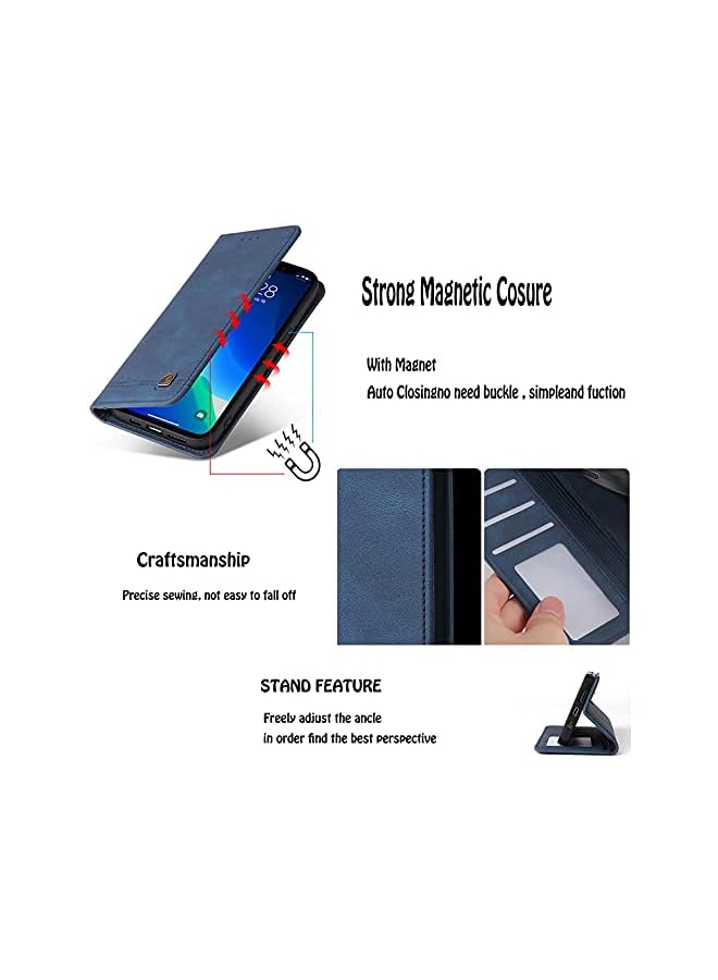 YoYoTech Luxury Genuine Leather Flip Wallet Case Compatible with iPhone 13 Pro Max, 3 Card Holder Slot Magnetic Flip Kickstand Wallet Case for iPhone 13 Pro Max 6.7 '2021 -Blue  - Image 4