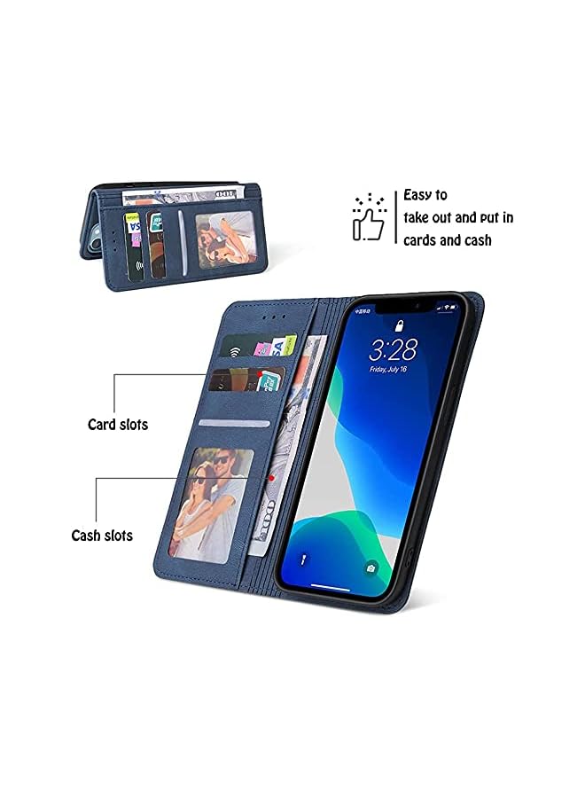 YoYoTech Luxury Genuine Leather Flip Wallet Case Compatible with iPhone 13 Pro Max, 3 Card Holder Slot Magnetic Flip Kickstand Wallet Case for iPhone 13 Pro Max 6.7 '2021 -Blue  - Image 3