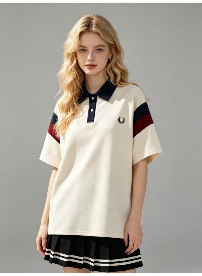 FRED PERRY unisex color block panel Polo shirt, laurel wreath embroidered logo, breathable bead knitted short-sleeved casual shirt. - Image 4