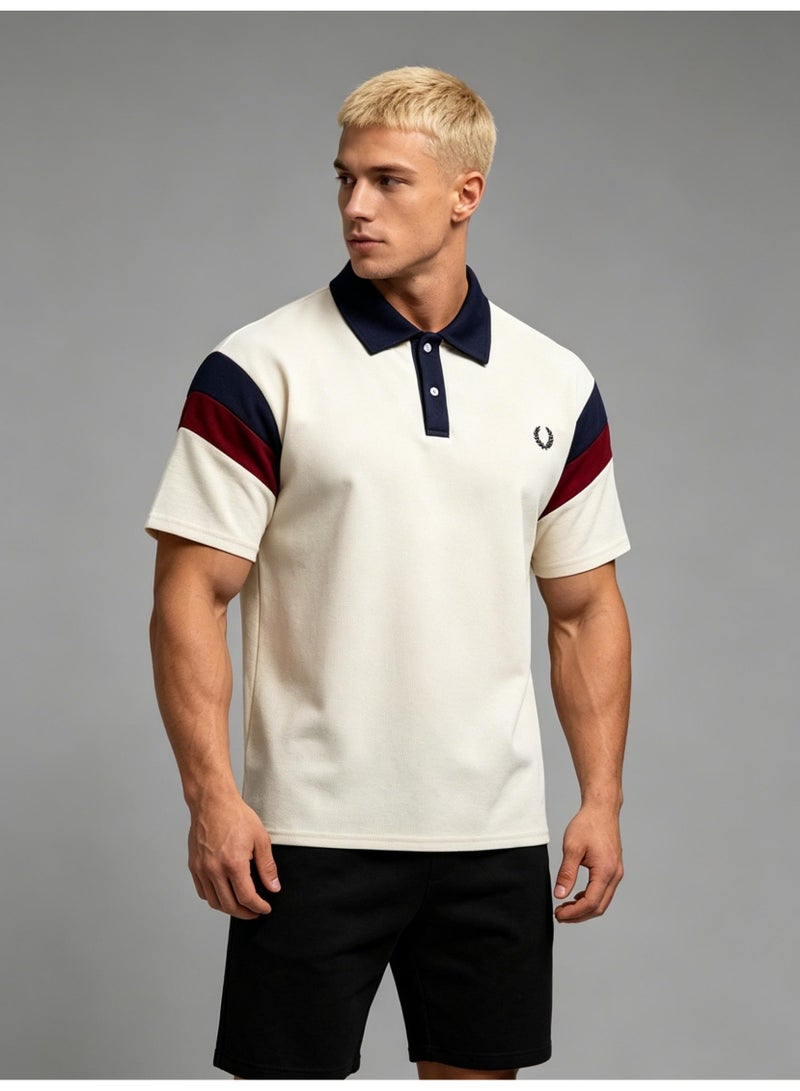 FRED PERRY unisex color block panel Polo shirt, laurel wreath embroidered logo, breathable bead knitted short-sleeved casual shirt. - Image 3