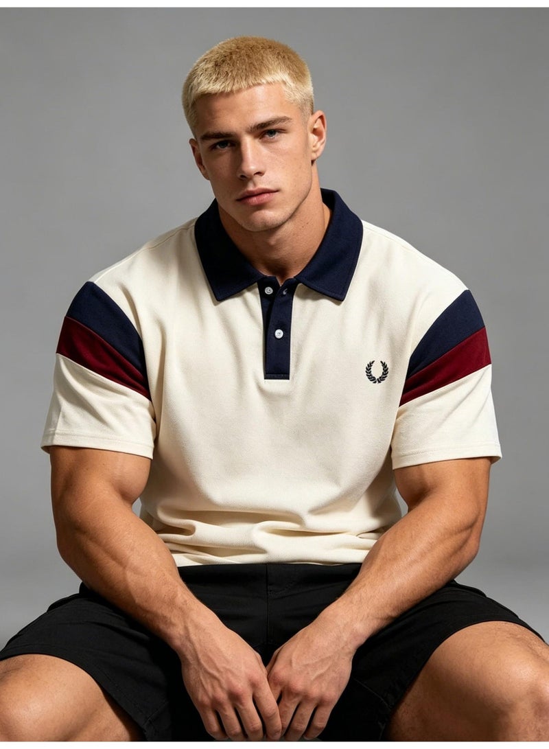 FRED PERRY unisex color block panel Polo shirt, laurel wreath embroidered logo, breathable bead knitted short-sleeved casual shirt. - Image 1