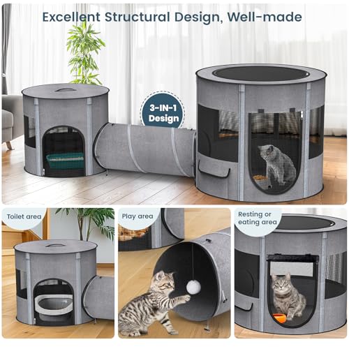 PETOCAT Portable Cat Playpen with Tunnel, 3 in 1 Foldable Puppy Play Pen, Waterproof Bottom, Enclosed 2-Room Separable Pet Tent for Indoor/Outdoor, Multi-Purpose Enclosure Crate Cage for Kitten Dog Rabbit - Image 4