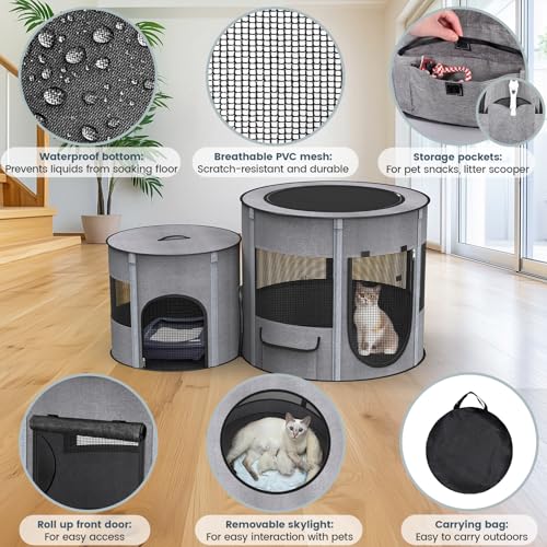 PETOCAT Portable Cat Playpen with Tunnel, 3 in 1 Foldable Puppy Play Pen, Waterproof Bottom, Enclosed 2-Room Separable Pet Tent for Indoor/Outdoor, Multi-Purpose Enclosure Crate Cage for Kitten Dog Rabbit - Image 2