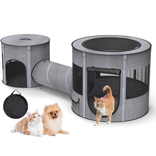 PETOCAT Portable Cat Playpen with Tunnel, 3 in 1 Foldable Puppy Play Pen, Waterproof Bottom, Enclosed 2-Room Separable Pet Tent for Indoor/Outdoor, Multi-Purpose Enclosure Crate Cage for Kitten Dog Rabbit - Image 1