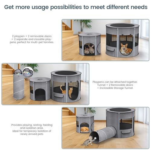 PETOCAT Portable Cat Playpen with Tunnel, 3 in 1 Foldable Puppy Play Pen, Waterproof Bottom, Enclosed 2-Room Separable Pet Tent for Indoor/Outdoor, Multi-Purpose Enclosure Crate Cage for Kitten Dog Rabbit - Image 3