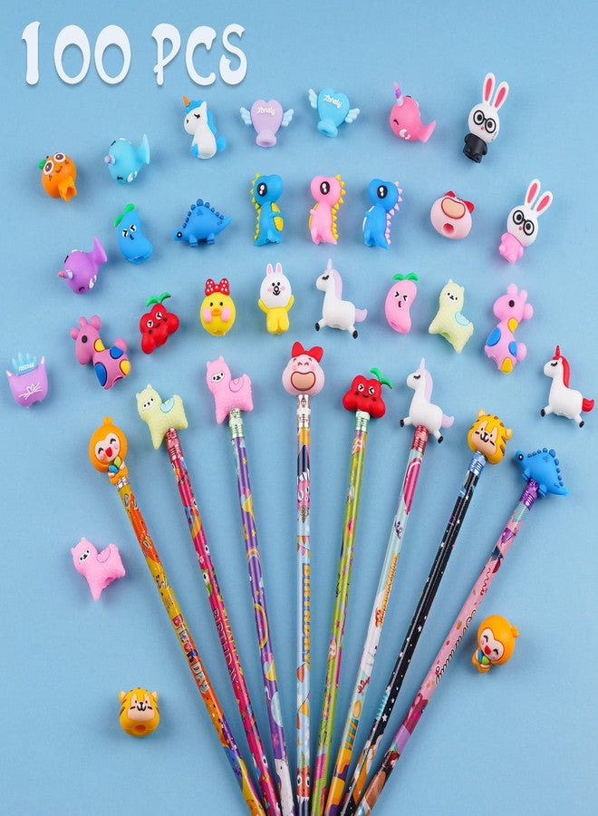Kolewo4ever 100 Pieces Cartoon Pencil Toppers Erasers Animal Pencil Toppers Silicone Pencils Top Erasers Dinosaur Unicorn Pencils Caps for School Classroom Supplies - Image 2