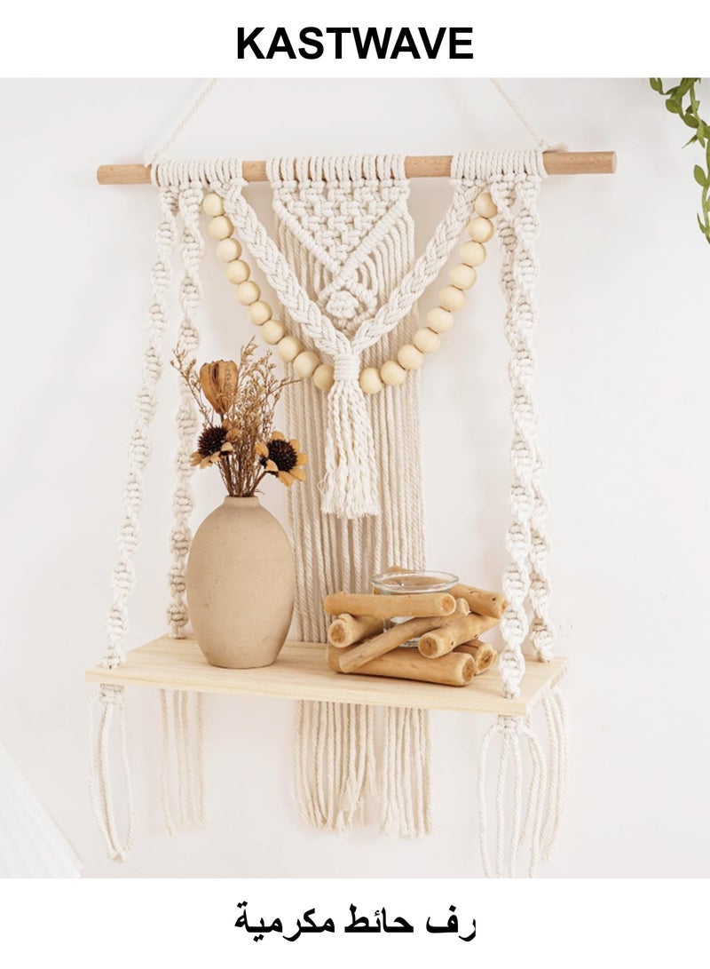 KASTWAVE Macrame Wall Hanging Shelf, Handmade Boho Decor Wood Floating Shelf for Bedroom Living Room Nursery Bathroom, Handmade Woven Rope Storage Organizer Rack for Photo Frames Plant Display - Image 1