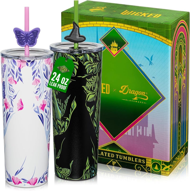 Dragon Glassware منتجات x Wicked: عبوة تحتوي على كوبين عازلين حرارياً سعة 24 أونصة لكل كوب، كل كوب مزود بغطاء وأربع قشات وأغطية. منتجات رسمية لعلامة Wicked. - Image 1