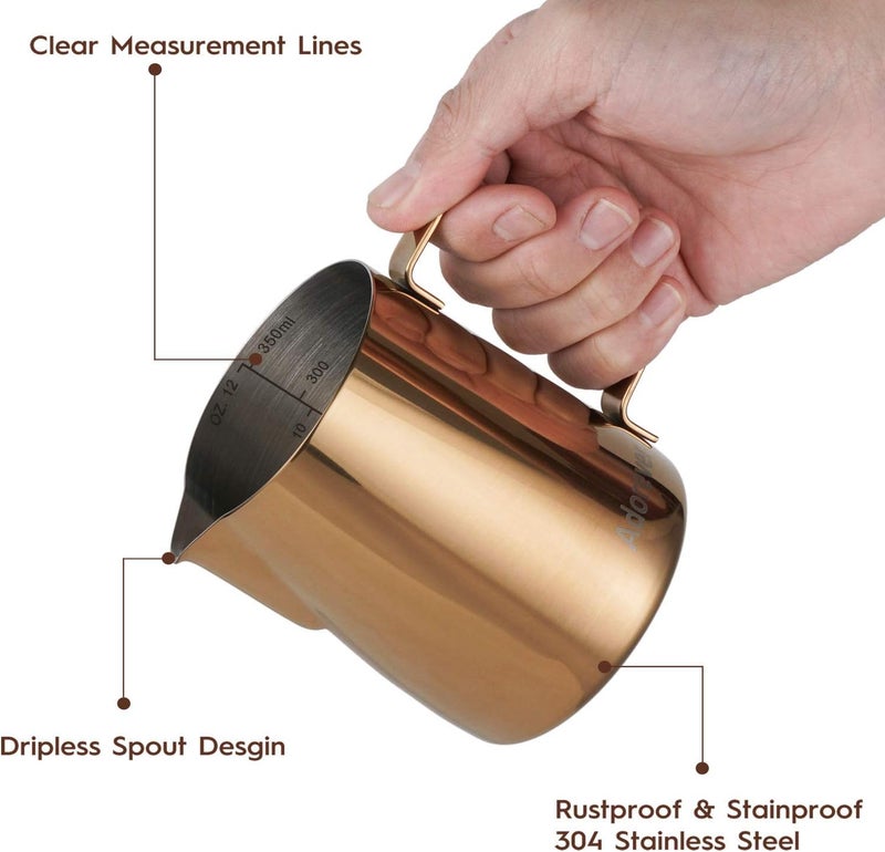 Adorever Milk Frothing Pitcher, 350ml (12oz) Steaming Pitchers Stainless Steel Milk Coffee Cappuccino Latte Art Barista Steam Pitchers Milk Jug Cup with Decorating Art Pen, Rose Gold Water rust proof - Image 2