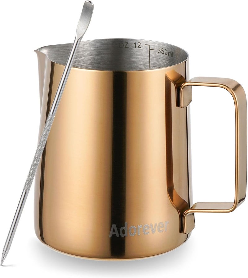 Adorever Milk Frothing Pitcher, 350ml (12oz) Steaming Pitchers Stainless Steel Milk Coffee Cappuccino Latte Art Barista Steam Pitchers Milk Jug Cup with Decorating Art Pen, Rose Gold Water rust proof - Image 1