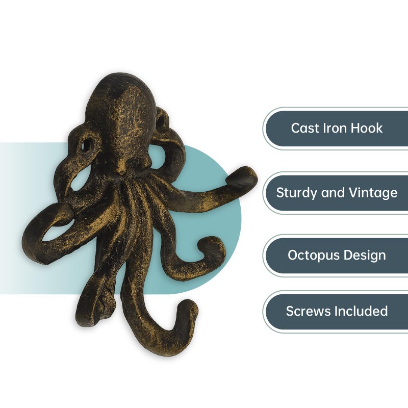 HERNGEE Octopus Cast Iron Wall Hook â€“ Nautical Decorative Key Holder, Coastal Ocean Theme Animal Hook for Entryway, Bathroom, or Bedroom, Heavy Duty Antique Bronze - Image 3