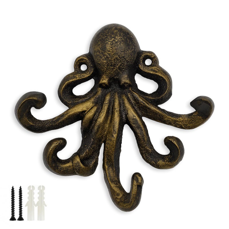 HERNGEE Octopus Cast Iron Wall Hook â€“ Nautical Decorative Key Holder, Coastal Ocean Theme Animal Hook for Entryway, Bathroom, or Bedroom, Heavy Duty Antique Bronze - Image 1
