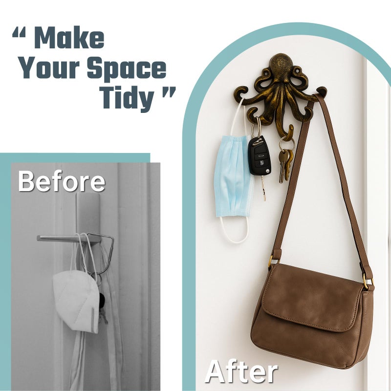 HERNGEE Octopus Cast Iron Wall Hook â€“ Nautical Decorative Key Holder, Coastal Ocean Theme Animal Hook for Entryway, Bathroom, or Bedroom, Heavy Duty Antique Bronze - Image 4