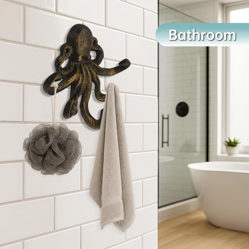 HERNGEE Octopus Cast Iron Wall Hook â€“ Nautical Decorative Key Holder, Coastal Ocean Theme Animal Hook for Entryway, Bathroom, or Bedroom, Heavy Duty Antique Bronze - Image 5