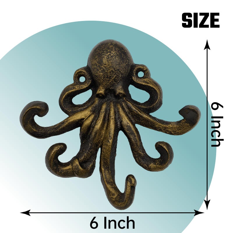 HERNGEE Octopus Cast Iron Wall Hook â€“ Nautical Decorative Key Holder, Coastal Ocean Theme Animal Hook for Entryway, Bathroom, or Bedroom, Heavy Duty Antique Bronze - Image 2