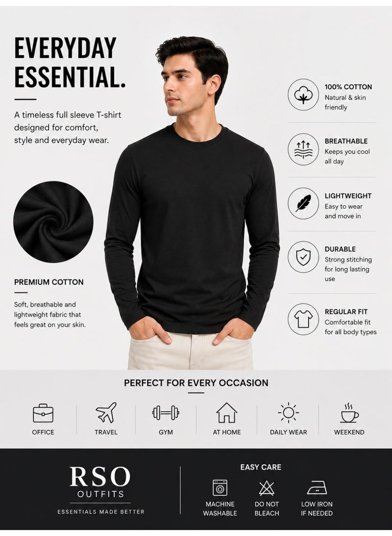 RSO Outfits Men's Cotton Full Sleeves Plain Black T-Shirt - Image 5