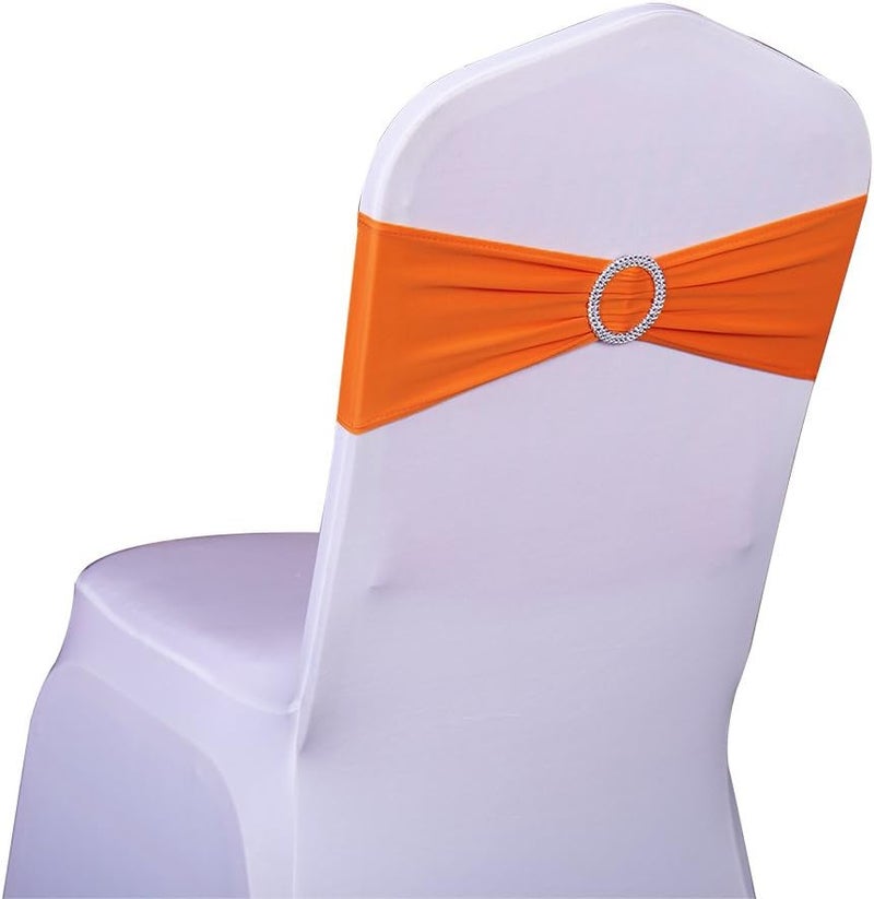 SINSSOWL 50 Pack Stretch Spandex Orange Chair Sashes for Wedding Chairs Bows Bands with Slider Buckles for Party Birthday Feast Banquet Restaurant Halloween Christmas Events Decorations - Image 1