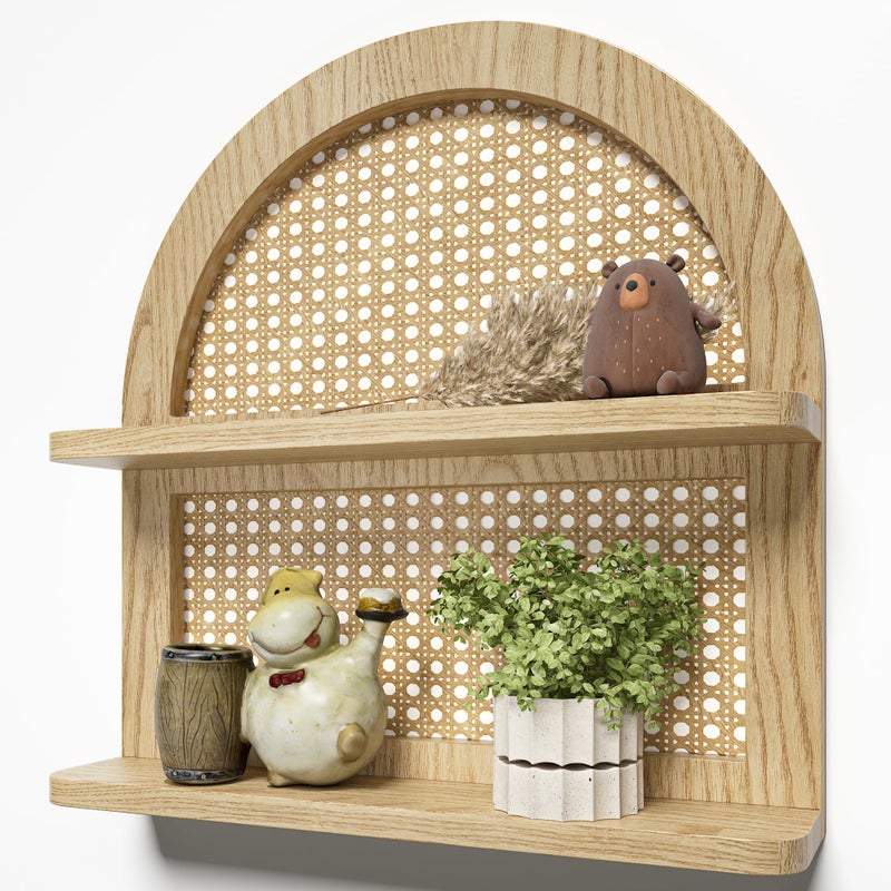 LUDORU Wood Boho Rattan Wall Shelf 2Tier Arched Wicker Floating Shelf Natural Wood New Boho Shelf Rustic Farmhouse Nursery Decor Shelves Wall Mounted Neutral Handcrafted 16l Natural Color