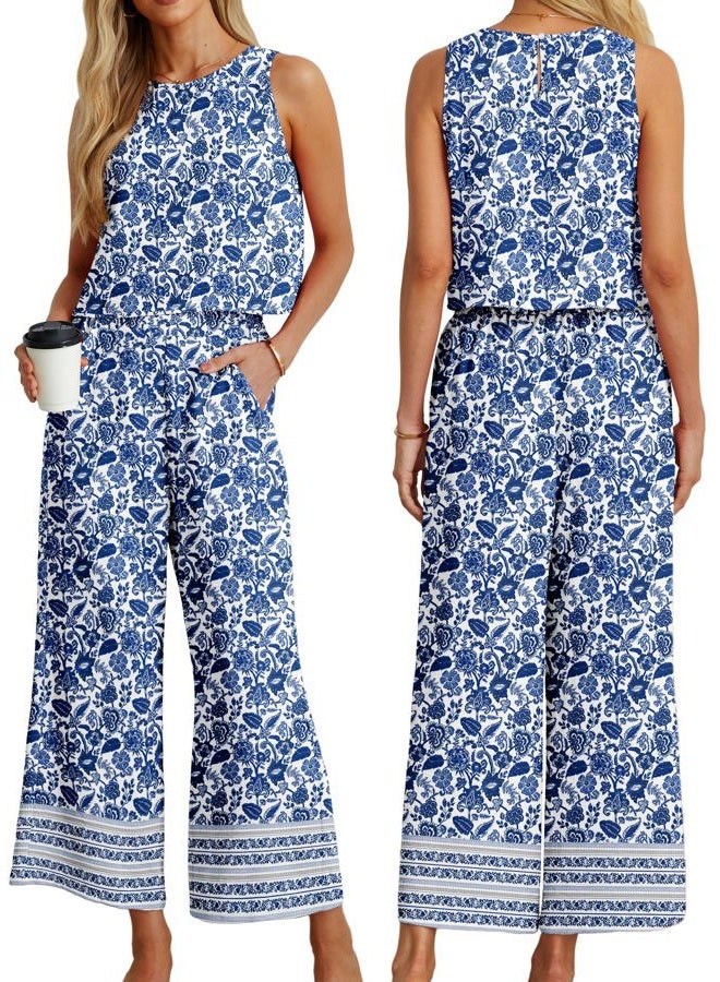IWOLLENCE Women's Summer 2 Piece Outfits Set Round neck Sleeveless Tank Crop Top Wide Leg pants Set Pockets Jumpsuits, B Blue Porcelain, M - Image 4