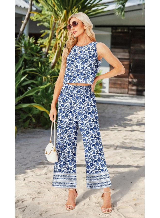 IWOLLENCE Women's Summer 2 Piece Outfits Set Round neck Sleeveless Tank Crop Top Wide Leg pants Set Pockets Jumpsuits, B Blue Porcelain, M - Image 2