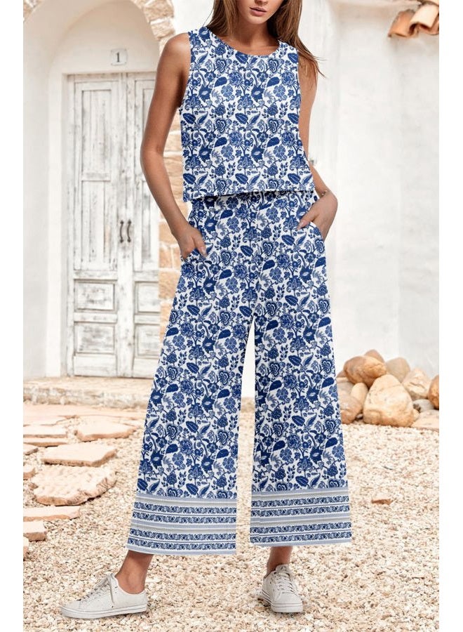 IWOLLENCE Women's Summer 2 Piece Outfits Set Round neck Sleeveless Tank Crop Top Wide Leg pants Set Pockets Jumpsuits, B Blue Porcelain, M - Image 3