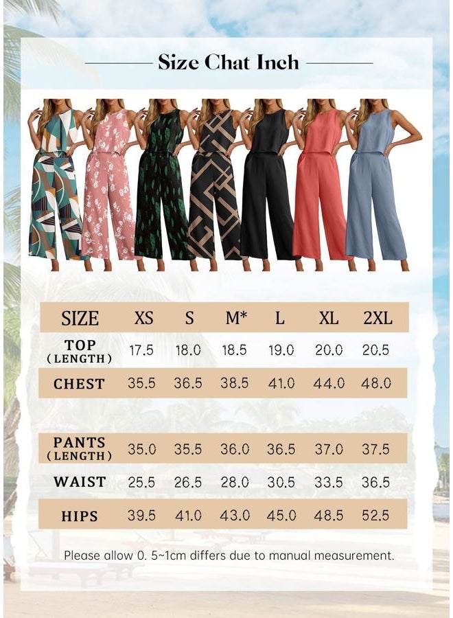 IWOLLENCE Women's Summer 2 Piece Outfits Set Round neck Sleeveless Tank Crop Top Wide Leg pants Set Pockets Jumpsuits, B Blue Porcelain, M - Image 5