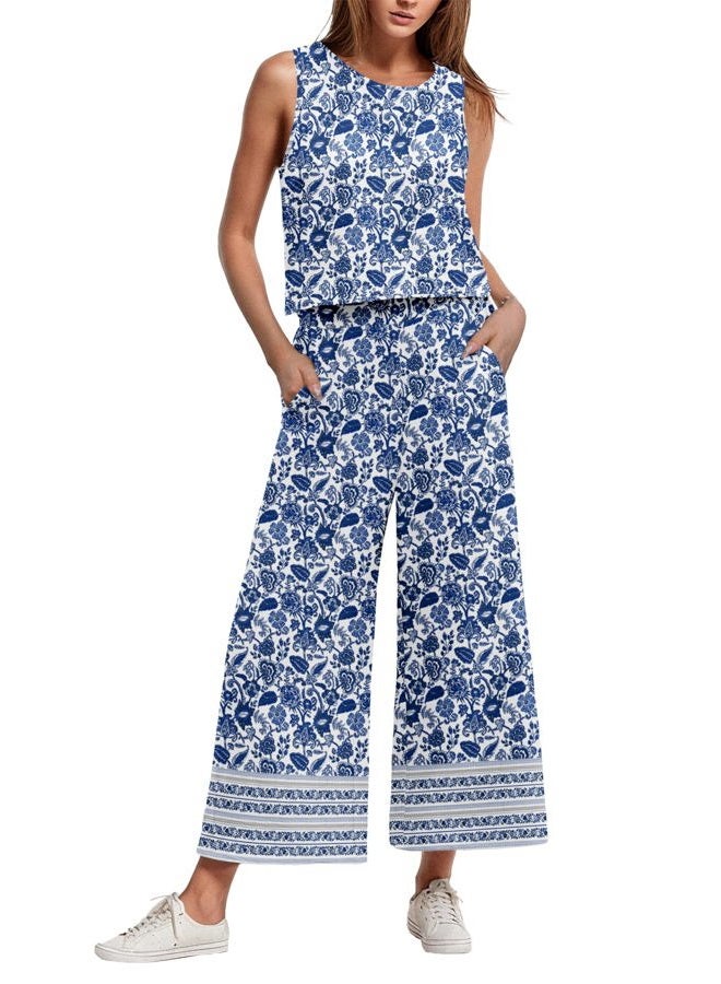 IWOLLENCE Women's Summer 2 Piece Outfits Set Round neck Sleeveless Tank Crop Top Wide Leg pants Set Pockets Jumpsuits, B Blue Porcelain, M - Image 1