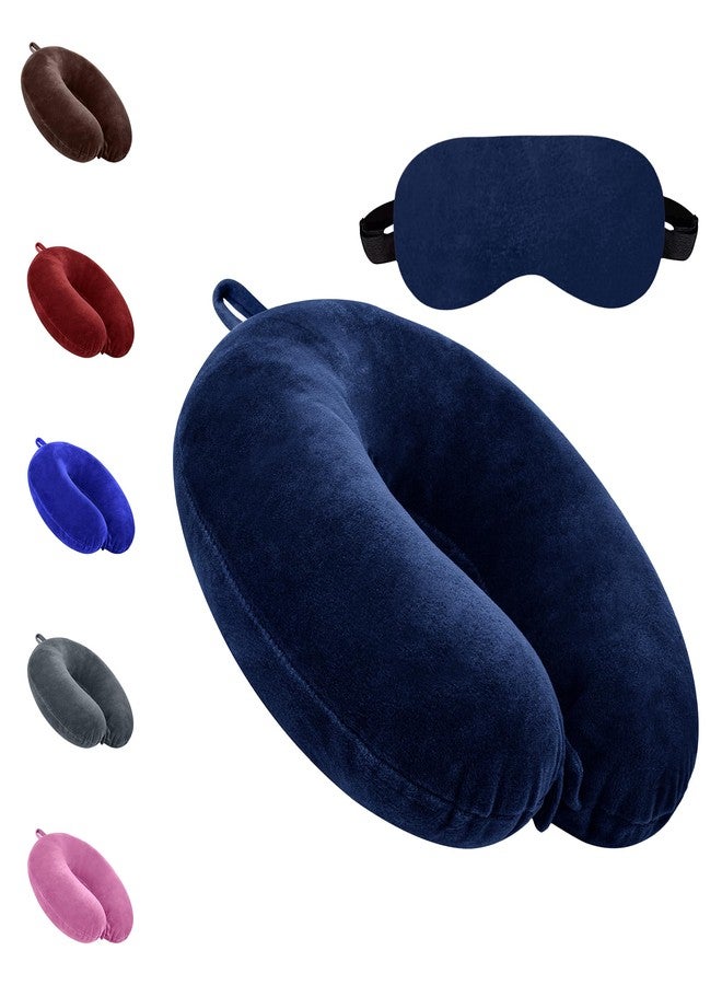GREELI Cotton Blend Neck Pillow for Travelling Luxurious Airplane Travel Pillow Head Rest Neck Holder Pillow Combo with Premium Eye Mask & 5 Years Warranty, Navy Blue - Image 1
