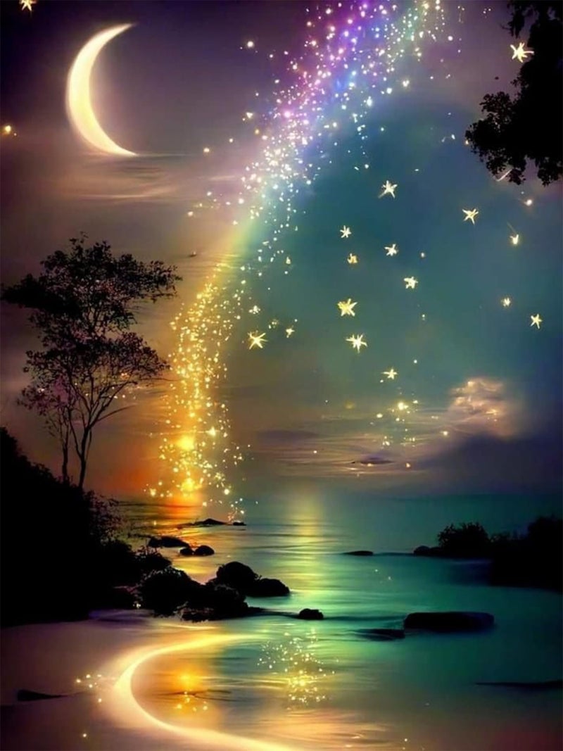 Ekuxom Moon Diamond Art Painting Kits For Adults  Star Glow In The Dark Diamond Art Kits  Full Round Rainbow Diamond Art Dots Wall Art Decor 12X16 In - Image 1
