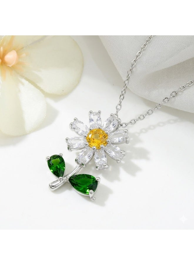RAFAL Zircon Daisy Pendant Necklace for Women with Silver-Tone Chain - Image 2