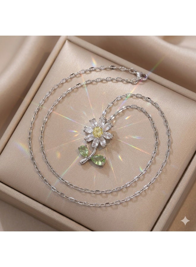 RAFAL Zircon Daisy Pendant Necklace for Women with Silver-Tone Chain - Image 3