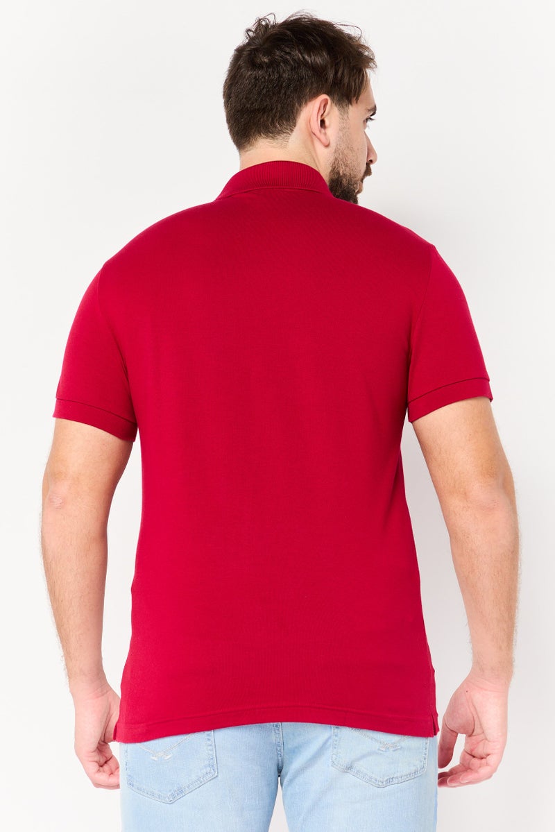 LACOSTE قميص بولو قصير الأكمام للرجال بتصميم ضيق مع شعار مطرز، مارون - Image 4