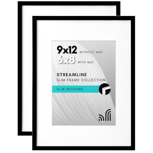 Americanflat 9x12 Picture Frame with ShatterResistant Glass  Set of 2  Use as 6x8 Frame with Mat or Display 9x12 Photo Without Mat  Streamline Collection  Tabletop or Wall Display  Black