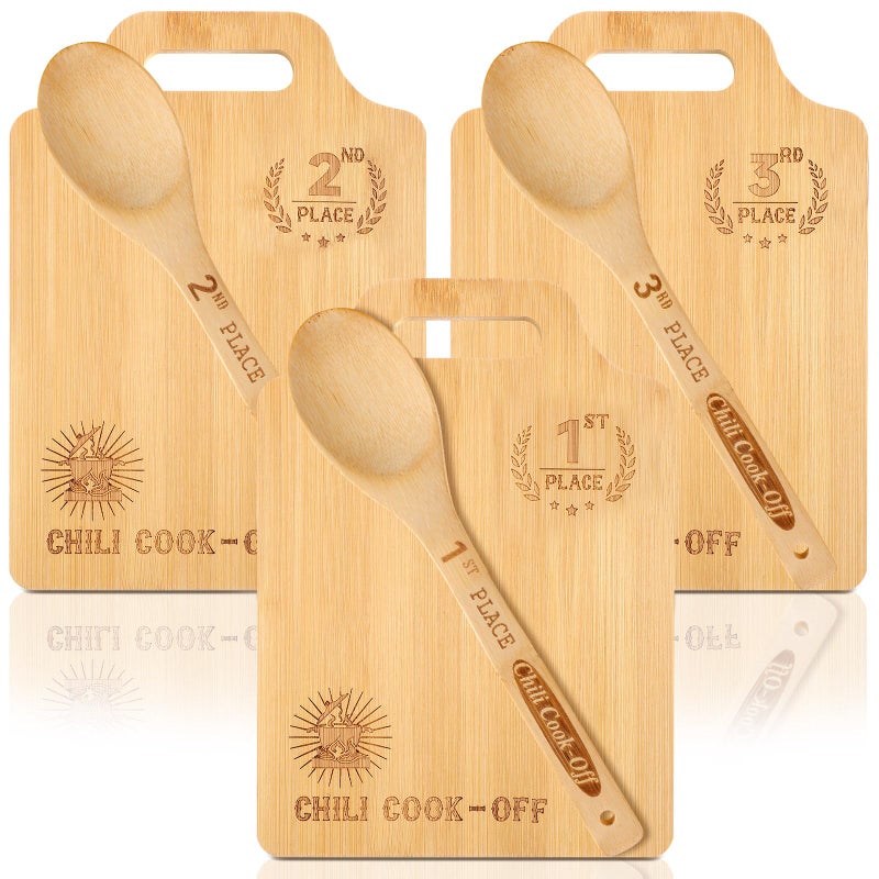 Sliner Set of 3 Chili Cook off Trophies Wooden Cutting Boards with Handle Spoon Chili Cook off Prizes 1st 2nd 3rd Place Competition Gifts for Men Women Festivals Decorations