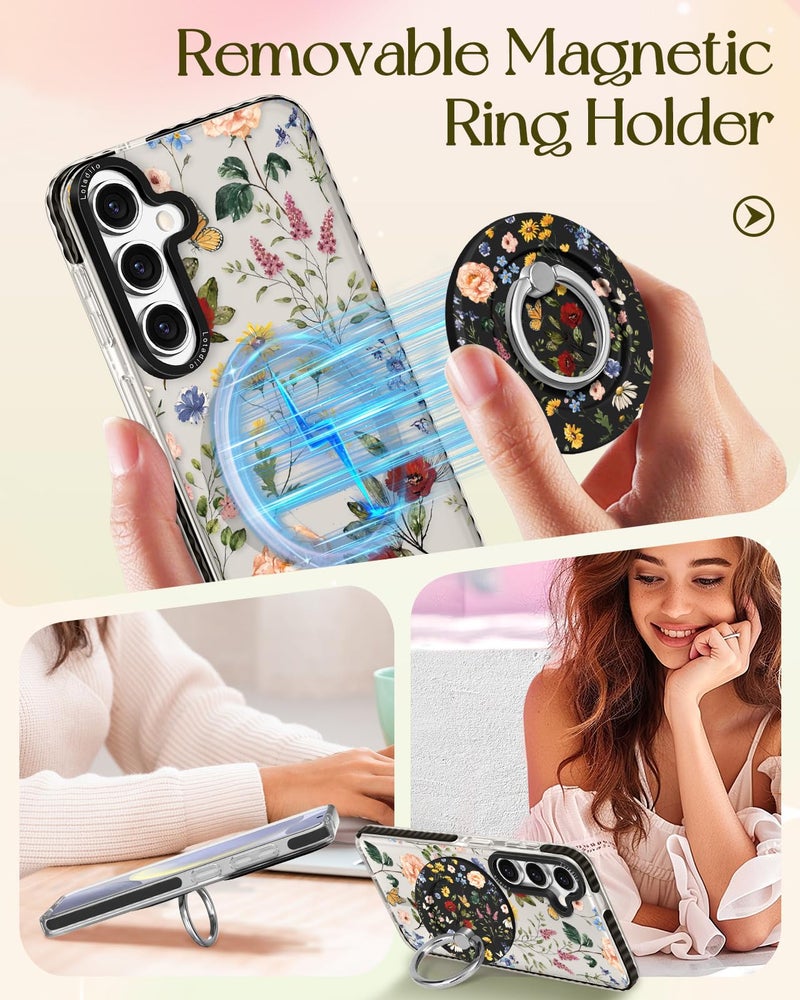 Lotadilo for Samsung Galaxy S24 Case for Women - Girls Cute Design Compatible with Magsafe Magnetic Ring Holder Stand Retro Flower Phone Covers Aesthetic Girly TPU Funda for S24 - Image 4