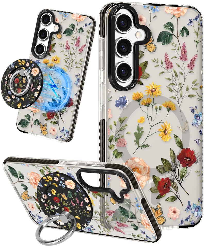 Lotadilo for Samsung Galaxy S24 Case for Women - Girls Cute Design Compatible with Magsafe Magnetic Ring Holder Stand Retro Flower Phone Covers Aesthetic Girly TPU Funda for S24 - Image 1