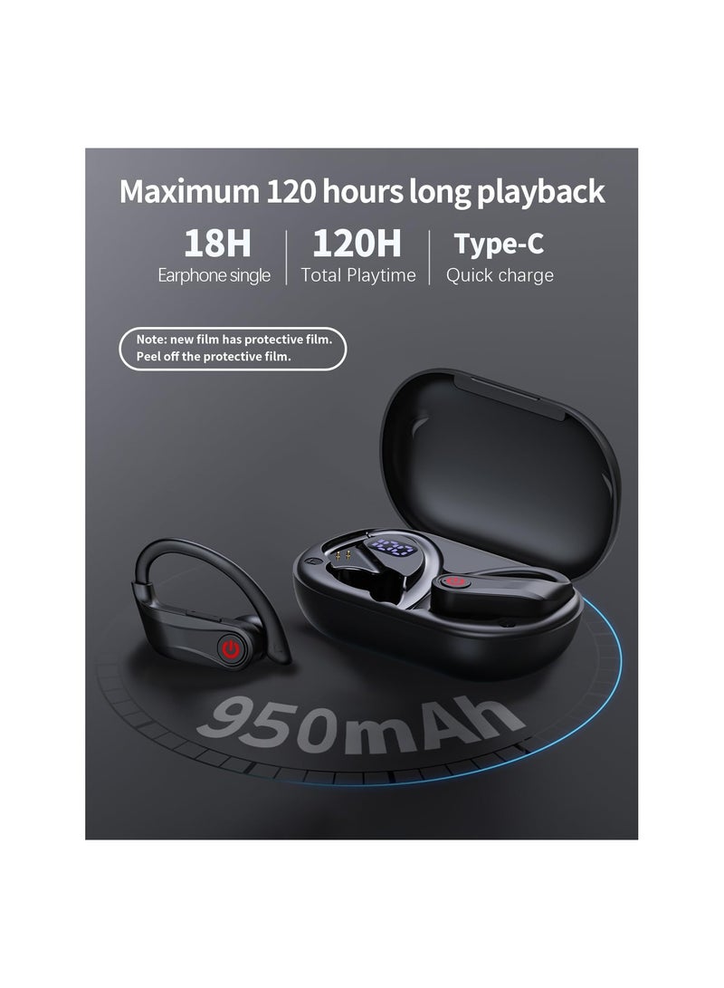 SYOSI Wireless Earbuds Bluetooth 5.3, Headphones Stereo Sound, 120H Playtime Bluetooth Earphones, for Running Built-in Microphone, ENC Noise Cancelling with Earhooks for Sport/Work/Phone, IPX7 Waterproof - Image 3