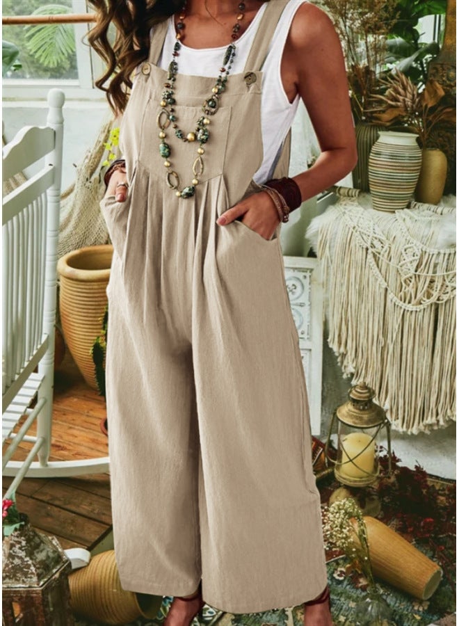 Women's Thickened Cotton Solid Color Sleeveless Pocket Casual Wide Leg Side Buckle Jumpsuit