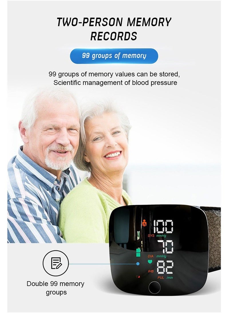 Rechargeable Wrist Blood Pressure Monitor with LCD Display Automatic Accurate Voice Broadcast 2x99 Readings Memory Adjustable Cuff Digital BP Machine Irregular Heartbeat Detector
