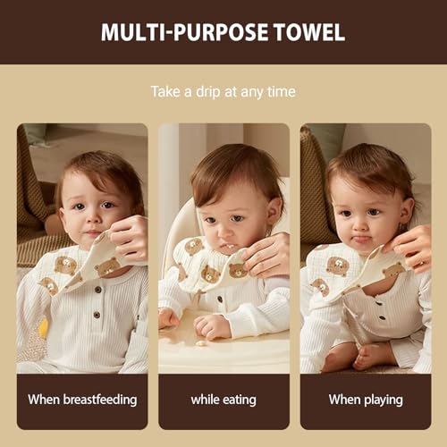 Oligitdi Baby Bibs Muslin Washcloths Bibs Set 100% Cotton Towels Cartoon Print Feeding Bibs for Infants, Soft, Gentle, Washable & Reusable, Comfortable for Newborns & Toddlers set of 3 - Image 4