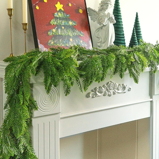 2 PCS CHRISTMAS NORFOLK PINE GARLAND 6 FT DENSE REAL TOUCH PINE GREENERY GARLANDS FOR CHRISTMAS HOLIDAY MANTLE FIREPLACE TABLE HOME DECOR