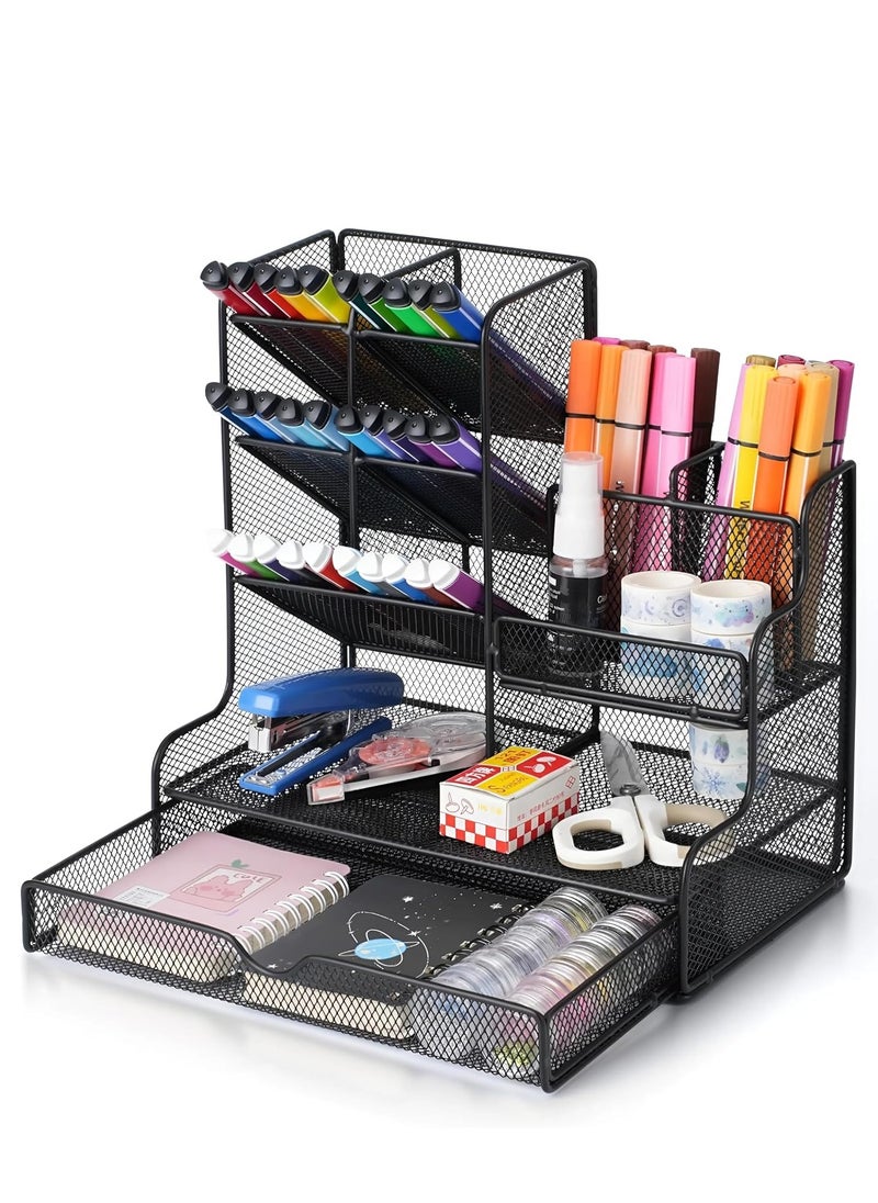 BestStore Stylish Metal Mesh Desk Organizer with Drawer File Rack Perfect for Pens Pencils & Stationery keep your office or home desktop (25x19x25 CM ,Iron, Black)  - Image 1