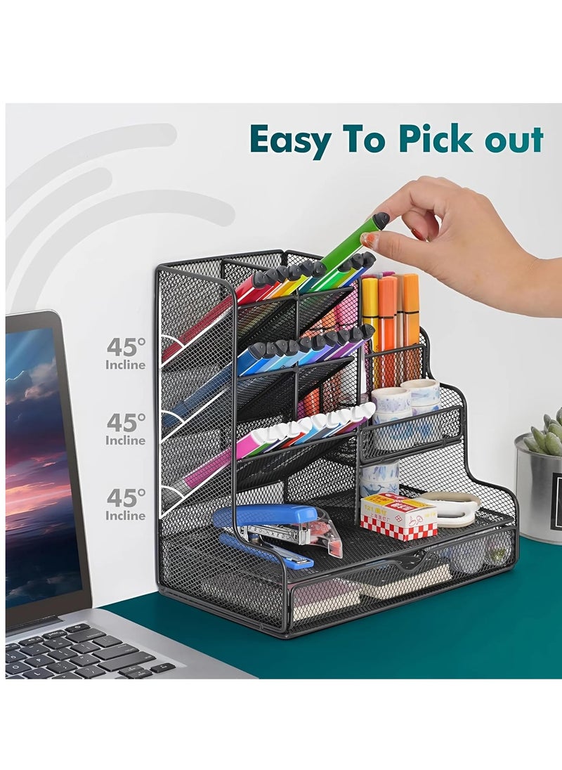 BestStore Stylish Metal Mesh Desk Organizer with Drawer File Rack Perfect for Pens Pencils & Stationery keep your office or home desktop (25x19x25 CM ,Iron, Black)  - Image 2
