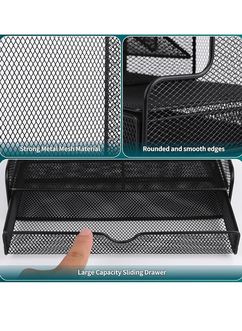 BestStore Stylish Metal Mesh Desk Organizer with Drawer File Rack Perfect for Pens Pencils & Stationery keep your office or home desktop (25x19x25 CM ,Iron, Black)  - Image 5