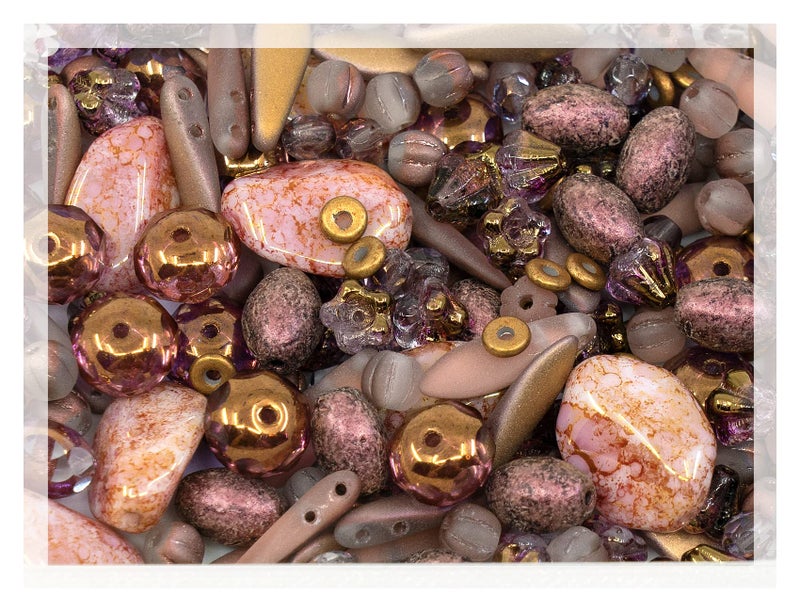 21oz 60 g Mix of Unique Czech Bohemia Glass Pressed Beads Matte and Glossy Hand Made Antique Copper Pink
