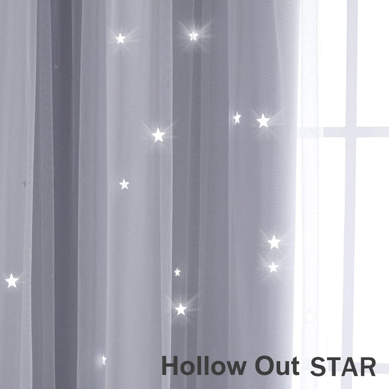 Anytime Romantic Kids Curtain Hollow-Out Stars Window Curtain Double Layer Blackout Curtains for Girls Bedroom Kids Room 2Panel (W52 x L95 Greyish White) - Image 4