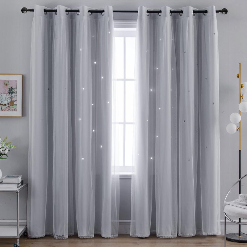 Anytime Romantic Kids Curtain Hollow-Out Stars Window Curtain Double Layer Blackout Curtains for Girls Bedroom Kids Room 2Panel (W52 x L95 Greyish White) - Image 2