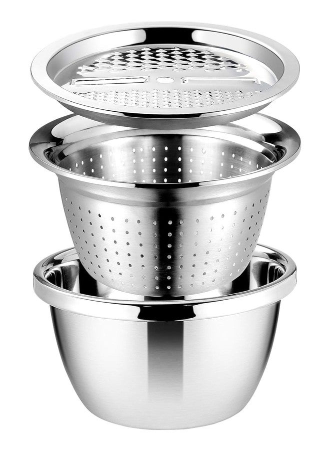 DARKFISH 3 in 1 Multipurpose Strainer Drainer Cutter Colander | Stainless Steel Cheese Grater & Salad Maker | Kitchen Drain Basket Set for Washing Fruits and Vegetables | 1 Piece - Image 1