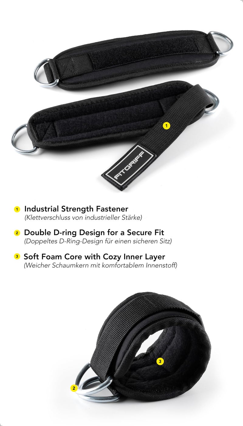 Fitgriff® Ankle Straps V3 for Cable Machine (2 Pieces) - Gym Workout Equipment - Leg Pulley Attachment, Kickback Straps (Black/White) - Image 3
